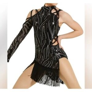 Weissman Dance Costume Girl IC 7/8 Another One Bites The Dust Black Sequin 11548